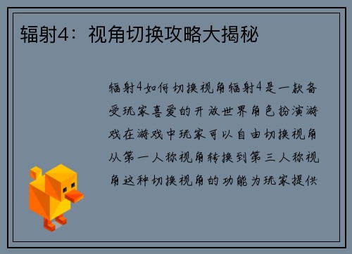 辐射4：视角切换攻略大揭秘