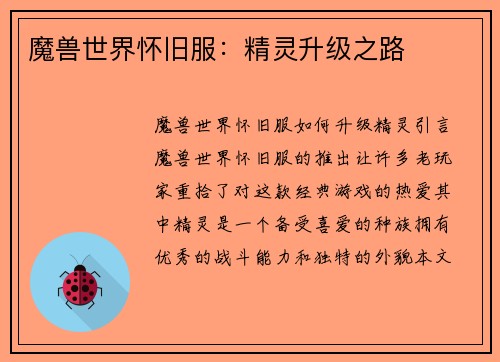魔兽世界怀旧服：精灵升级之路