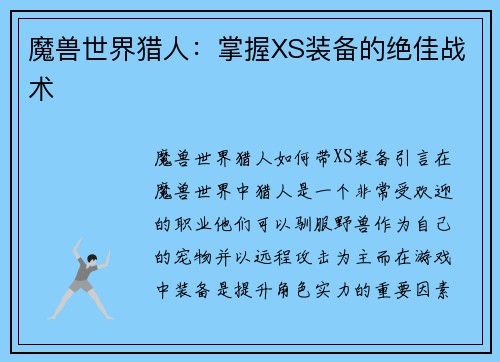 魔兽世界猎人：掌握XS装备的绝佳战术