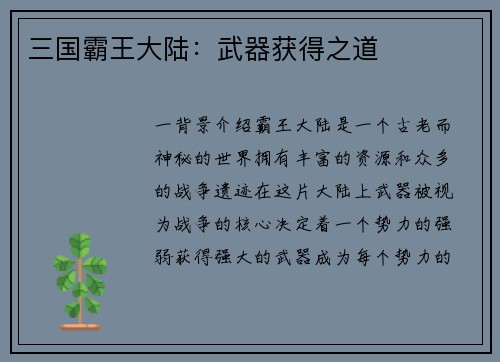 三国霸王大陆：武器获得之道